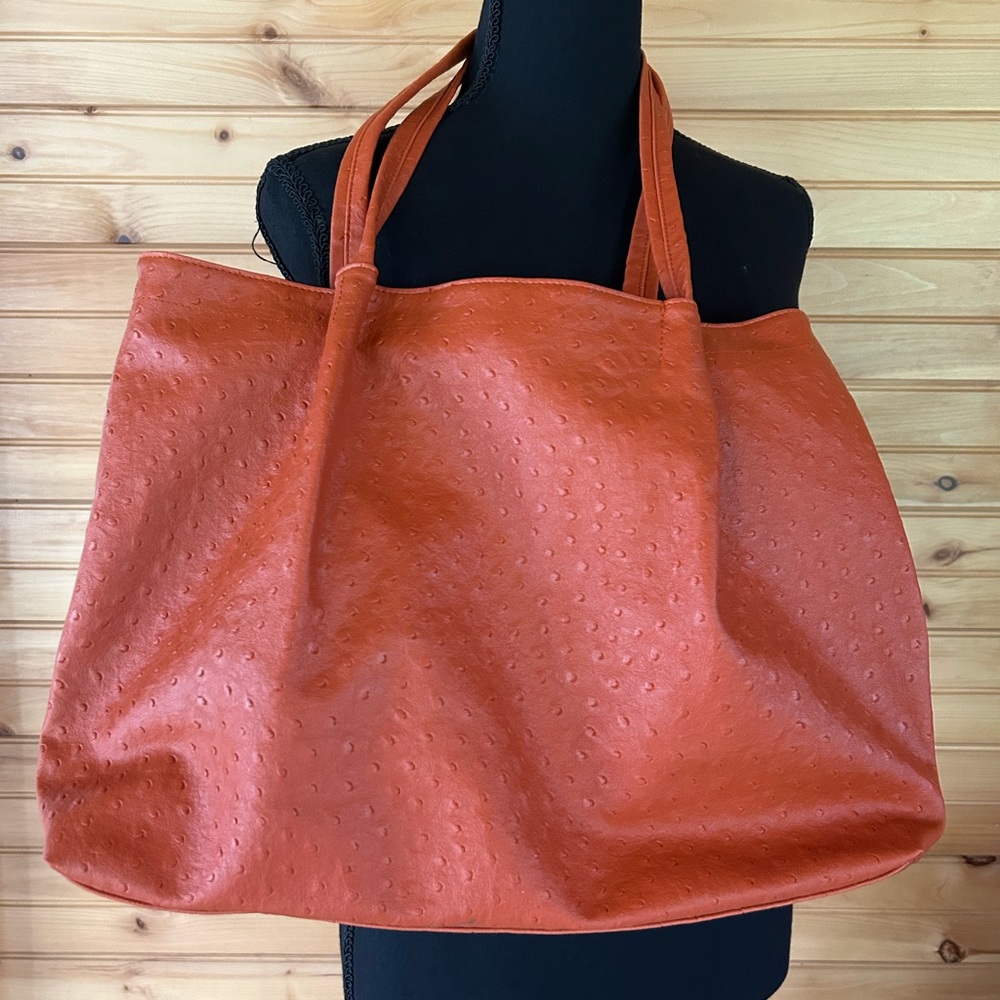 Vintage 3 Piece Orange Ostrich Stamped Purse